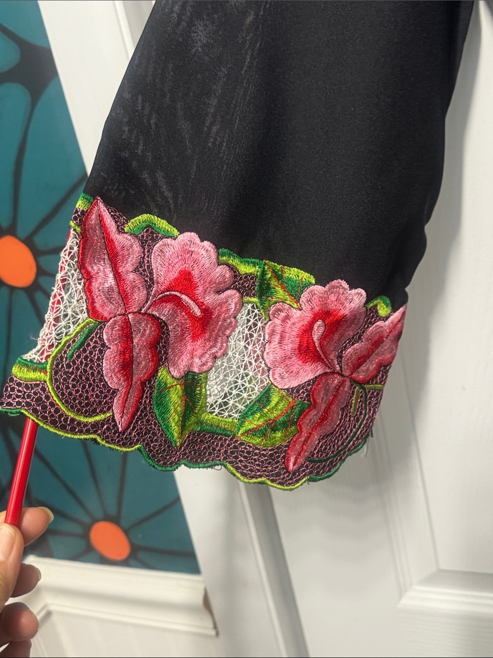 Black Midi Dress with Pink Floral Embroidered Accents - Picture 4 of 8